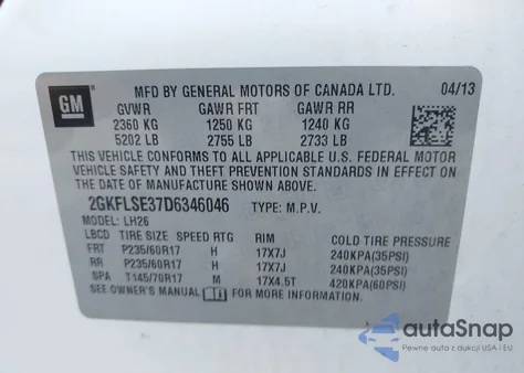 2013 GMC Terrain Sle-2 from USA, damaged, VIN 2GKFLSE37D6346046